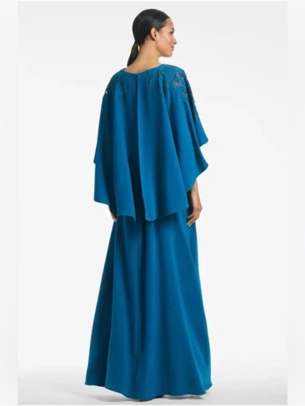 Sachin + Babi Teal Blue Embellished Cape Gown
